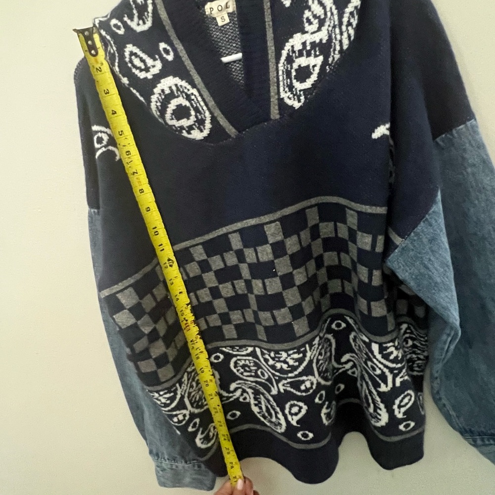 POL Navy and Gray V-Neck Sweater with hood and denim sleeve detail - Picture 8 of 8